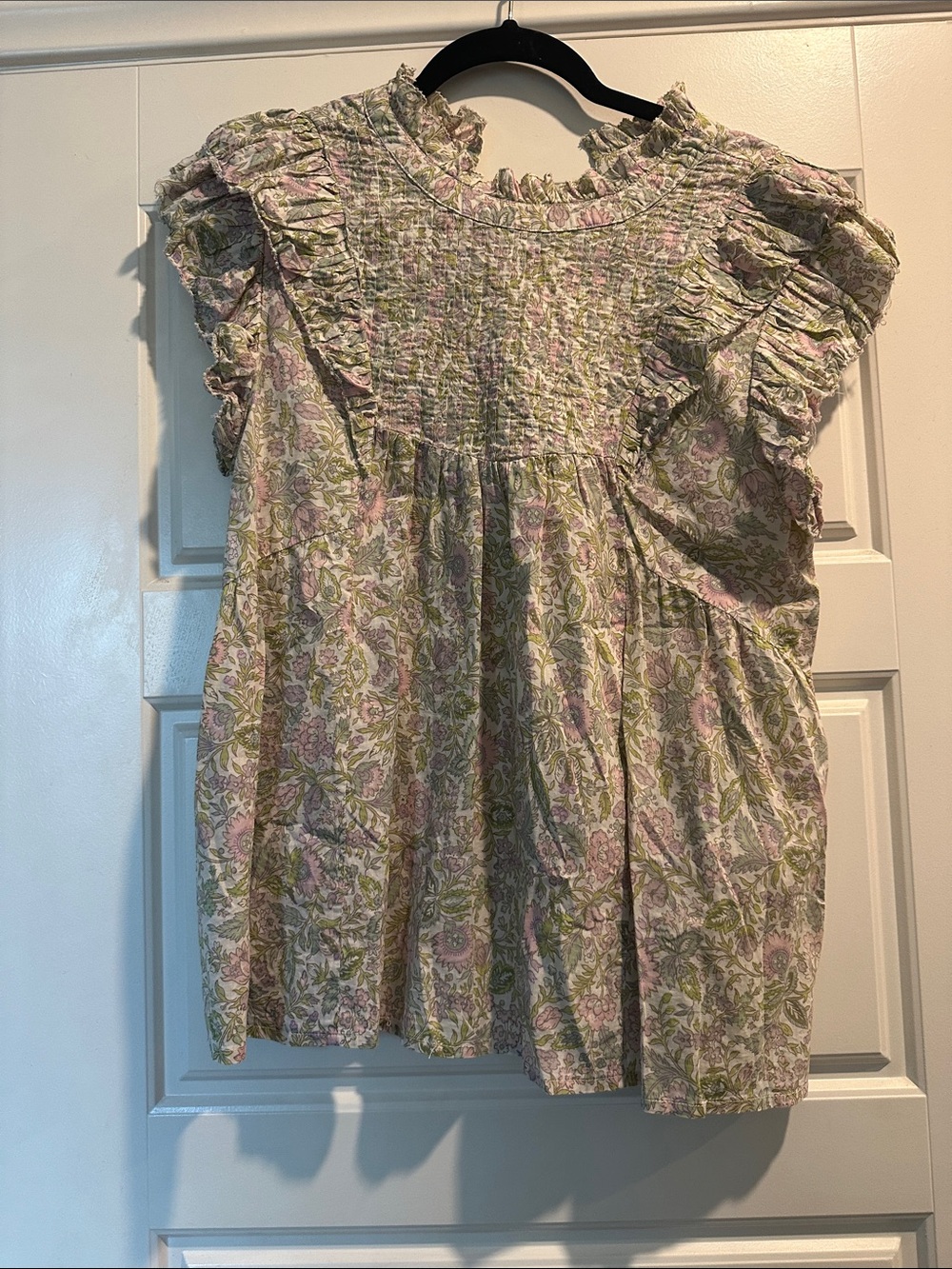 House of Harlow 1960 Pink and Green Floral Ruffle Smocked Blouse